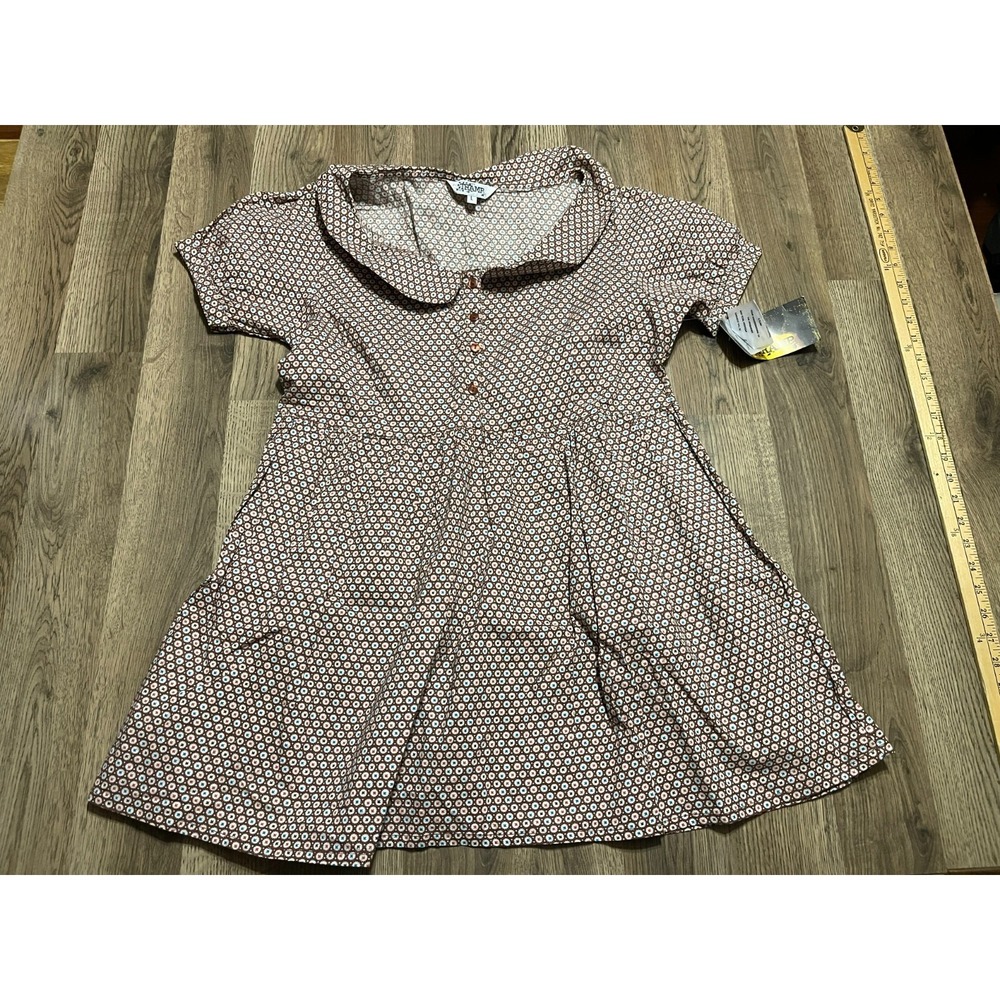 Tramp Dress, Women's Size Large, Brown Red Blue, Short Sleeve, 1/4 Buttons